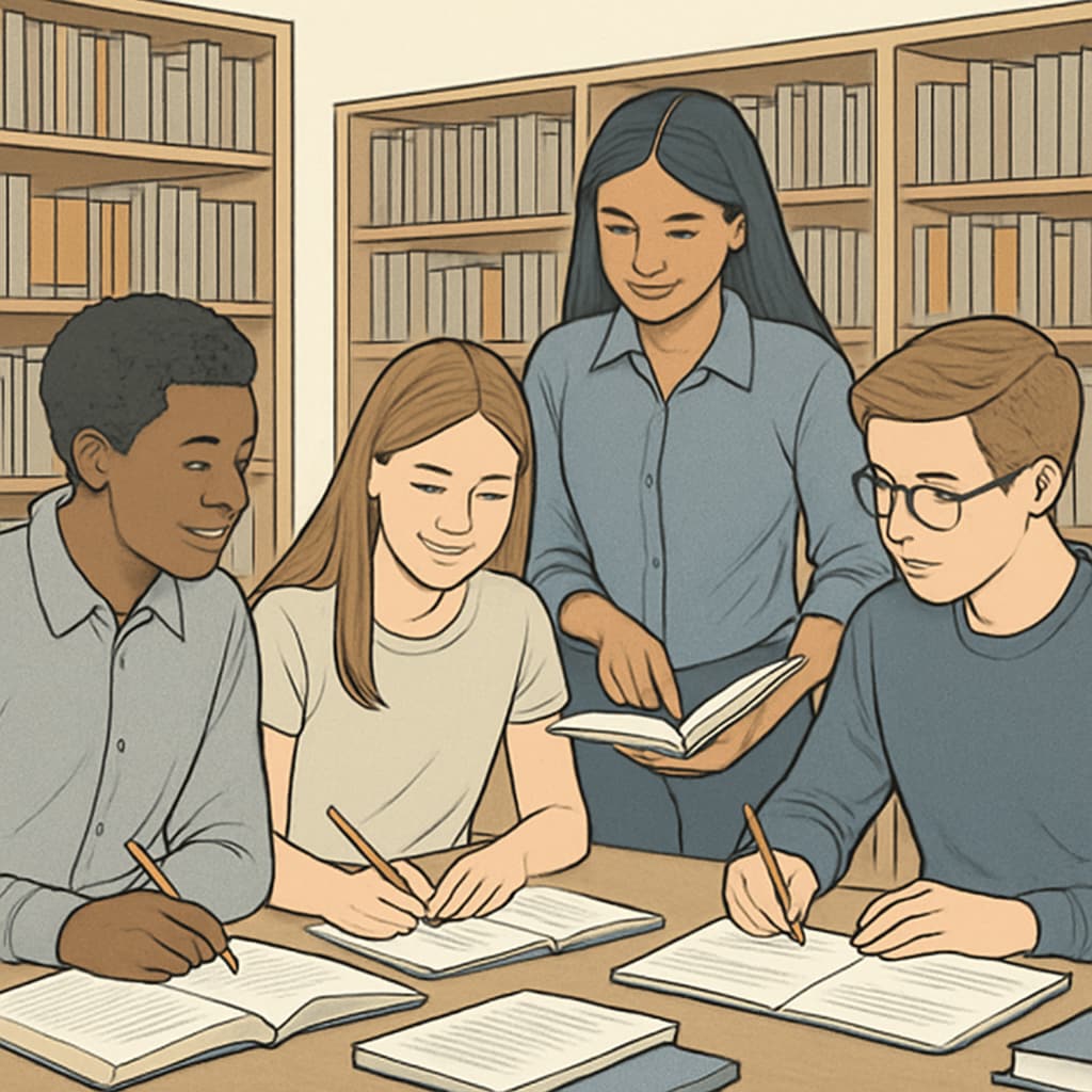 A group of high school students collaborating in a library, surrounded by bookshelves and study materials. Students in a library discussing projects and using supplementary learning resources.