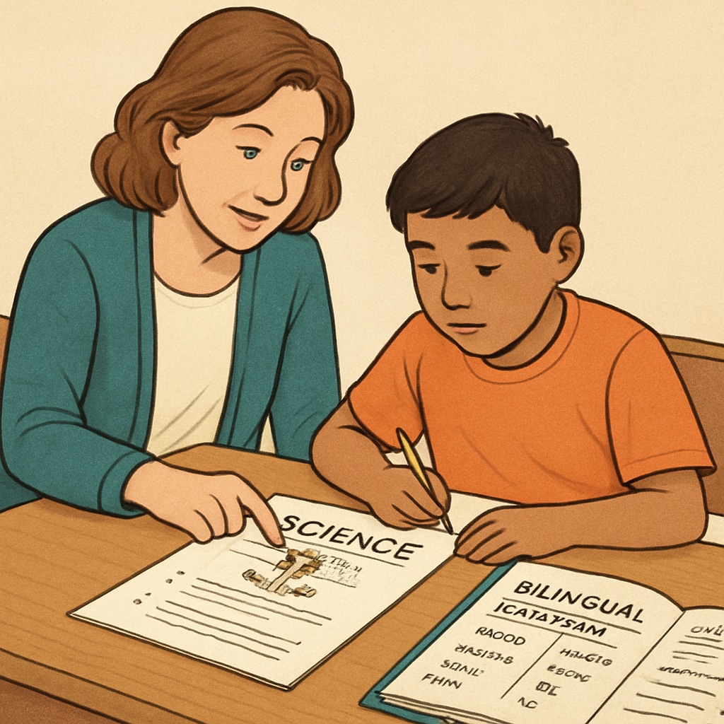 A teacher assisting a student with limited English proficiency as they work on a science worksheet together, with a bilingual glossary visible on the desk. Teacher helping an English learner in a science class with bilingual resources