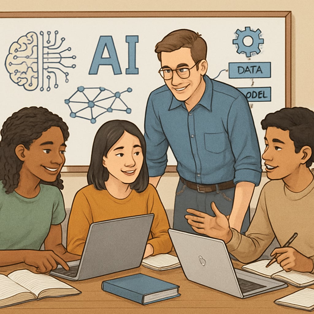 A diverse group of students working collaboratively on an AI-related educational project. Students collaborating on AI projects to demonstrate skills beyond traditional exams.