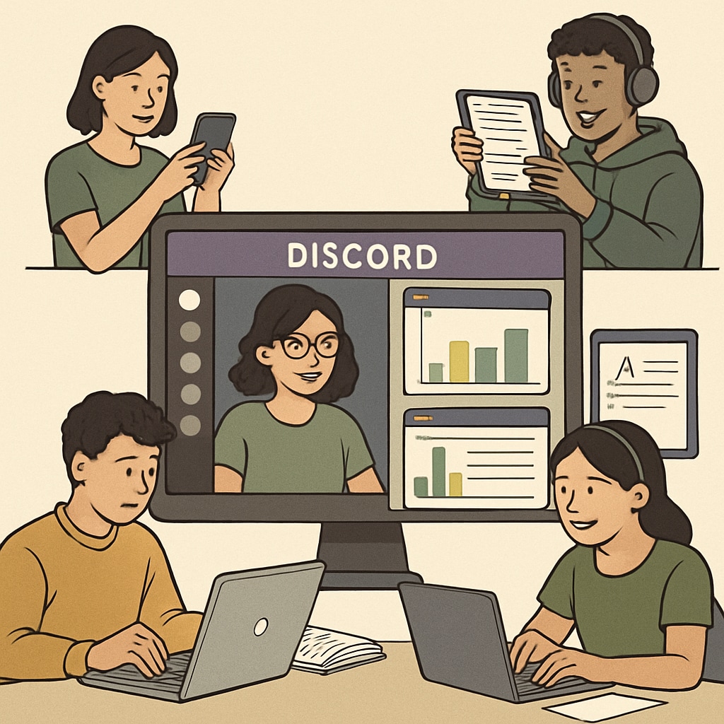 A group of students collaborating on Discord, sharing screens and resources during a study session. Students using Discord for a study session with shared screens and resources.