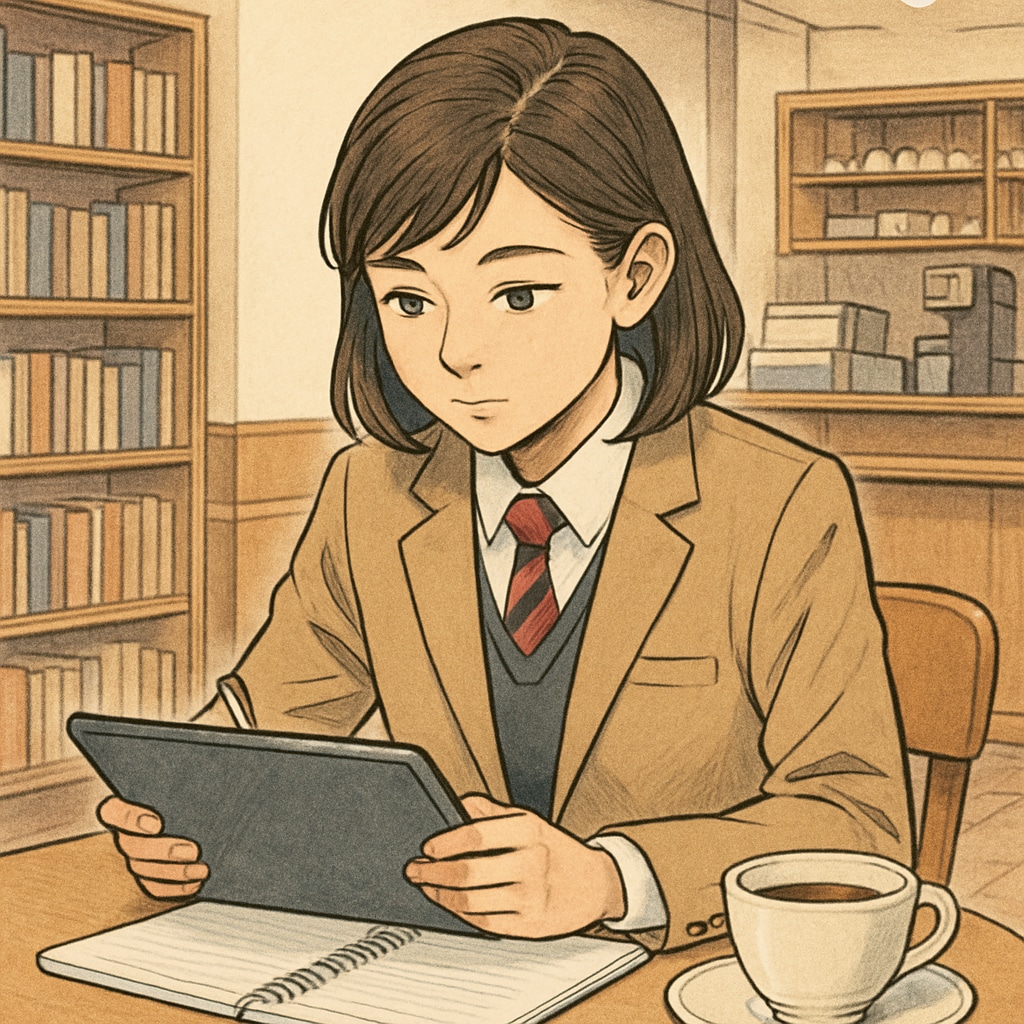 A high school student working at a café while studying on a tablet during a break. High school student balancing a part-time job and studies.