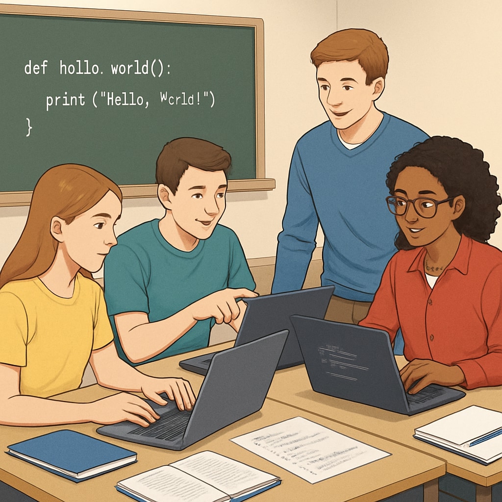 A group of high school students participating in a coding workshop, collaborating on a project. High school students engaging in a coding workshop, a key example of extracurricular education.