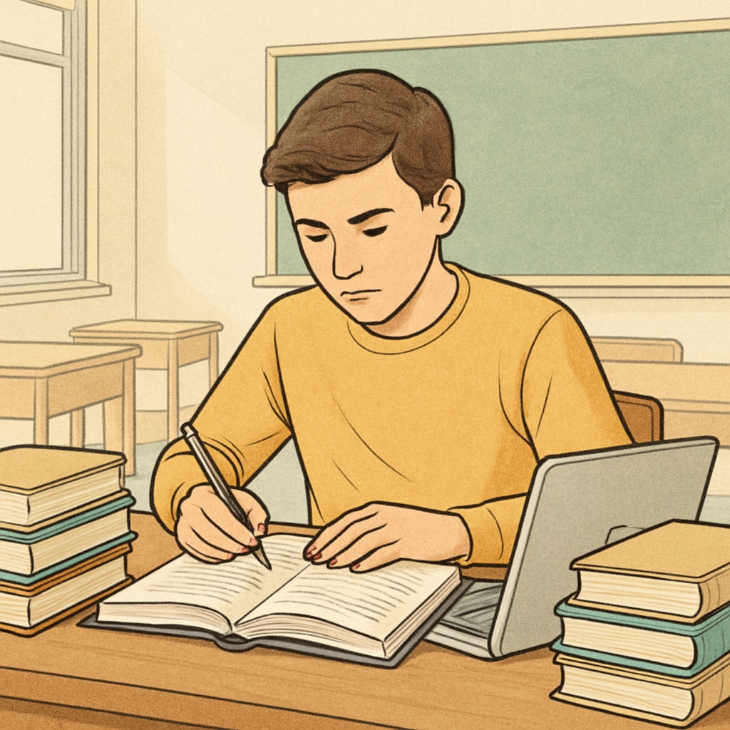 A high school student studying at a desk, surrounded by books and a laptop, representing academic effort and perseverance. A focused high school student preparing for college admissions, illustrating academic effort.