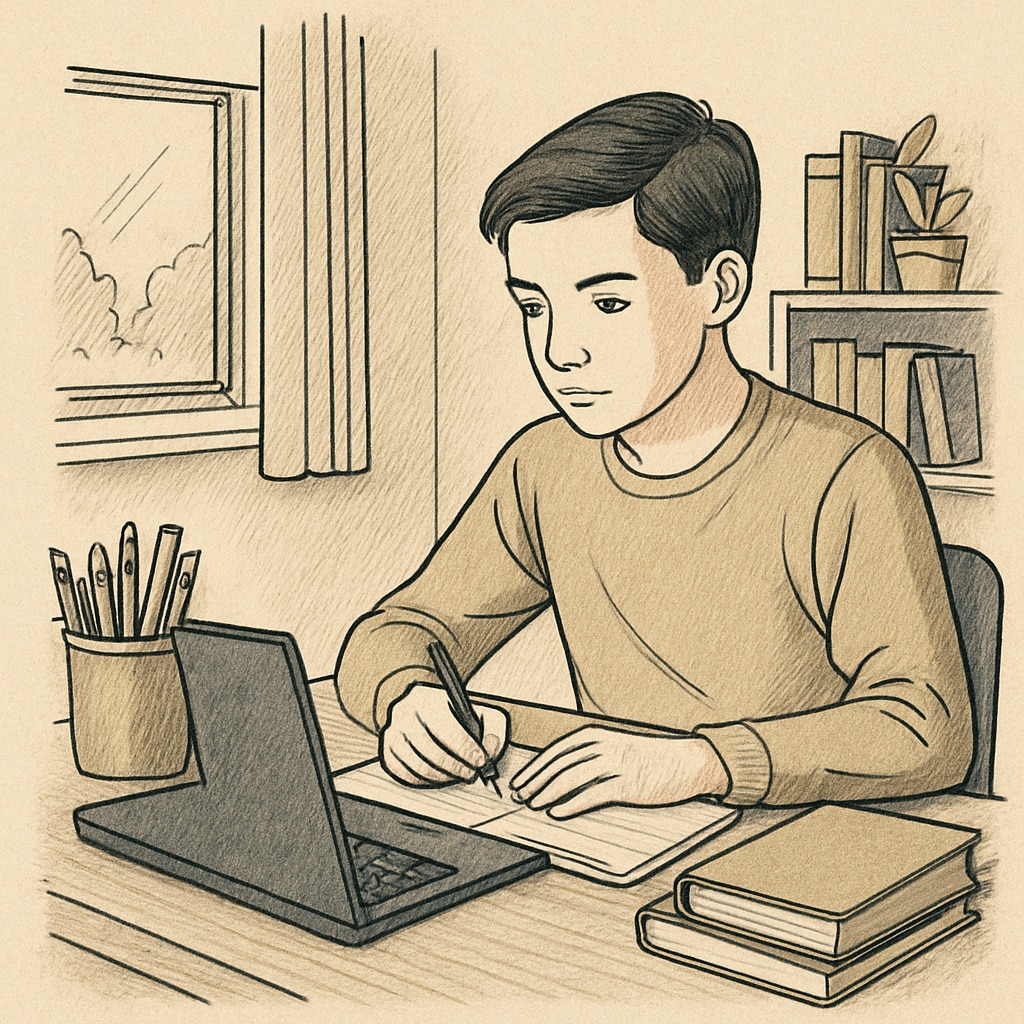 A high school student studying at home with a laptop, taking notes during an online course. A high school student engaging in extracurricular learning through an online course.
