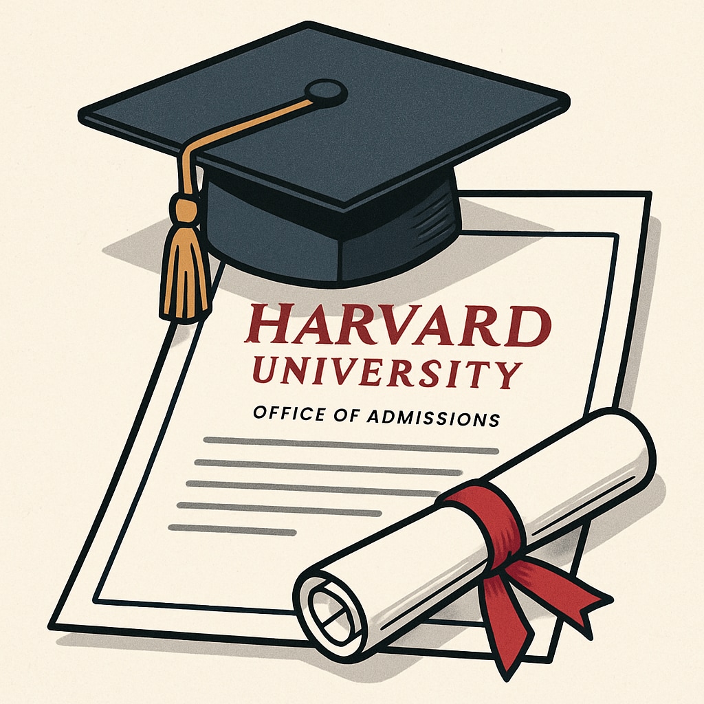 A graduation cap and diploma placed on top of a Harvard University admissions letter, symbolizing academic achievement and success. Graduation cap and diploma on a Harvard admissions letter, symbolizing academic success.