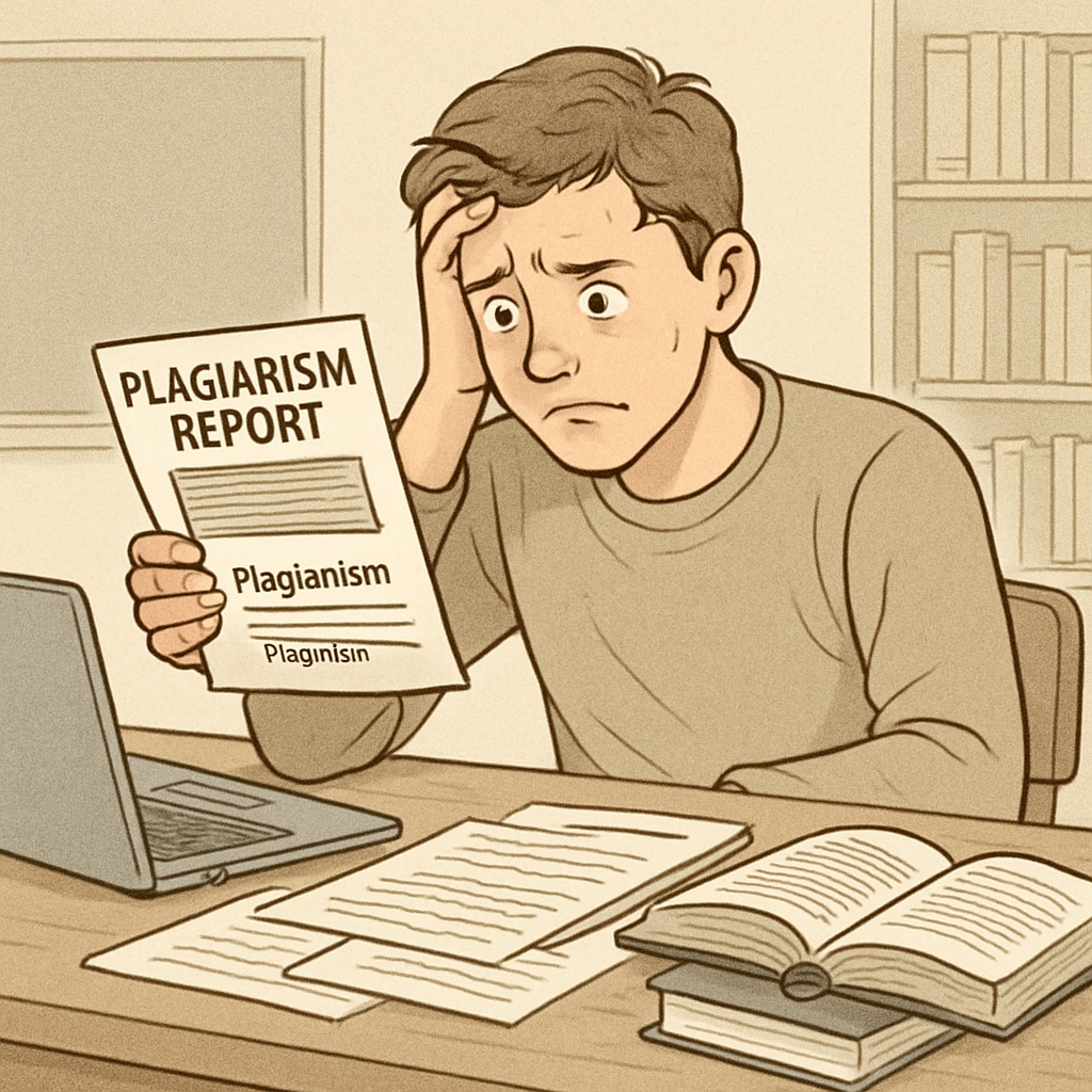 A stressed student sitting at a desk, looking overwhelmed with a plagiarism report in hand. The image reflects the emotional toll of false plagiarism accusations. A student stressed over being accused of plagiarism, highlighting the need for fairness.