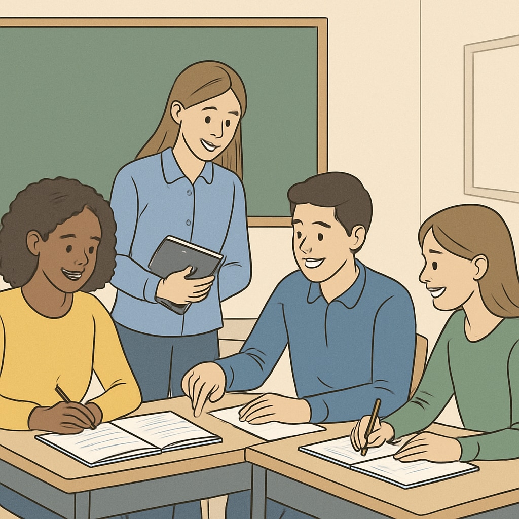 A group of students working collaboratively in a classroom setting, emphasizing teamwork and shared learning goals. Students collaborating in a classroom to enhance teamwork and learning.