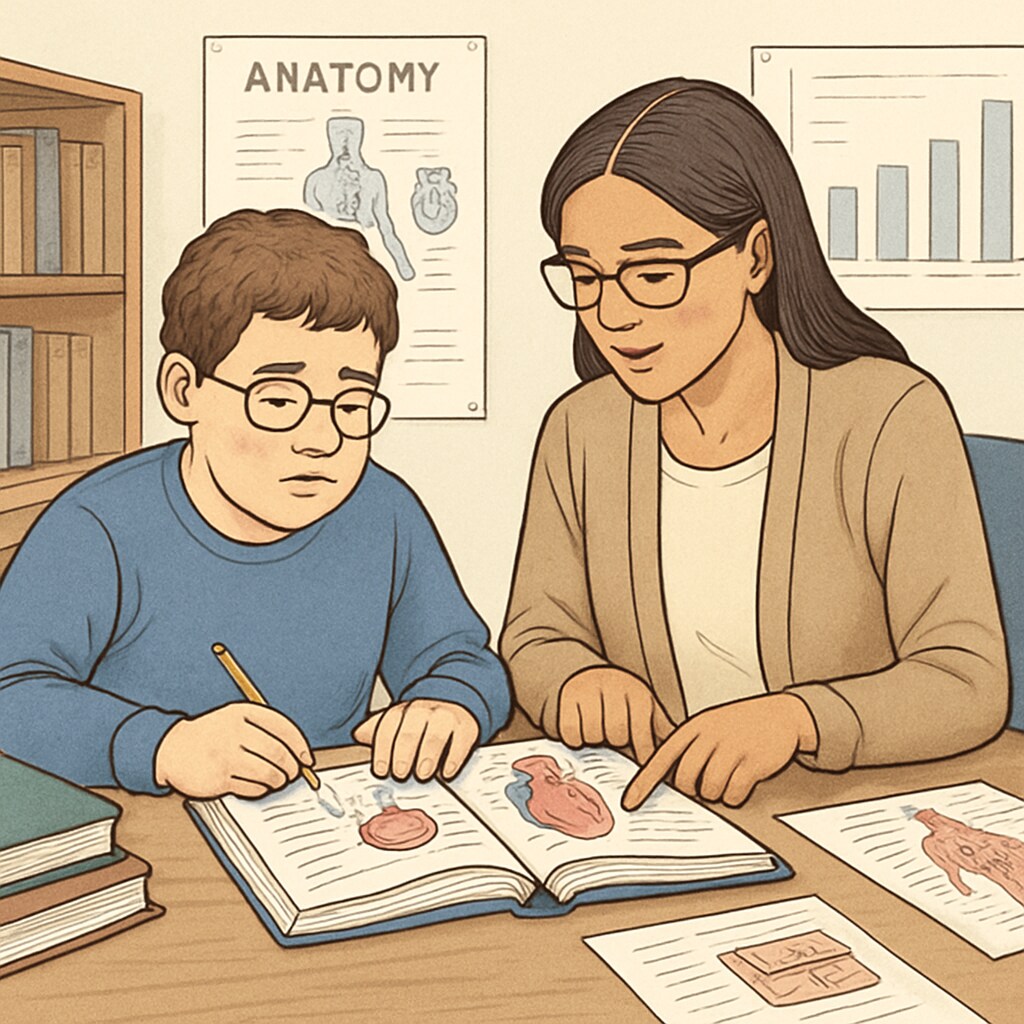 A student with a learning disability working with a tutor to understand medical concepts. A student with a learning disability studying medical concepts with a tutor.