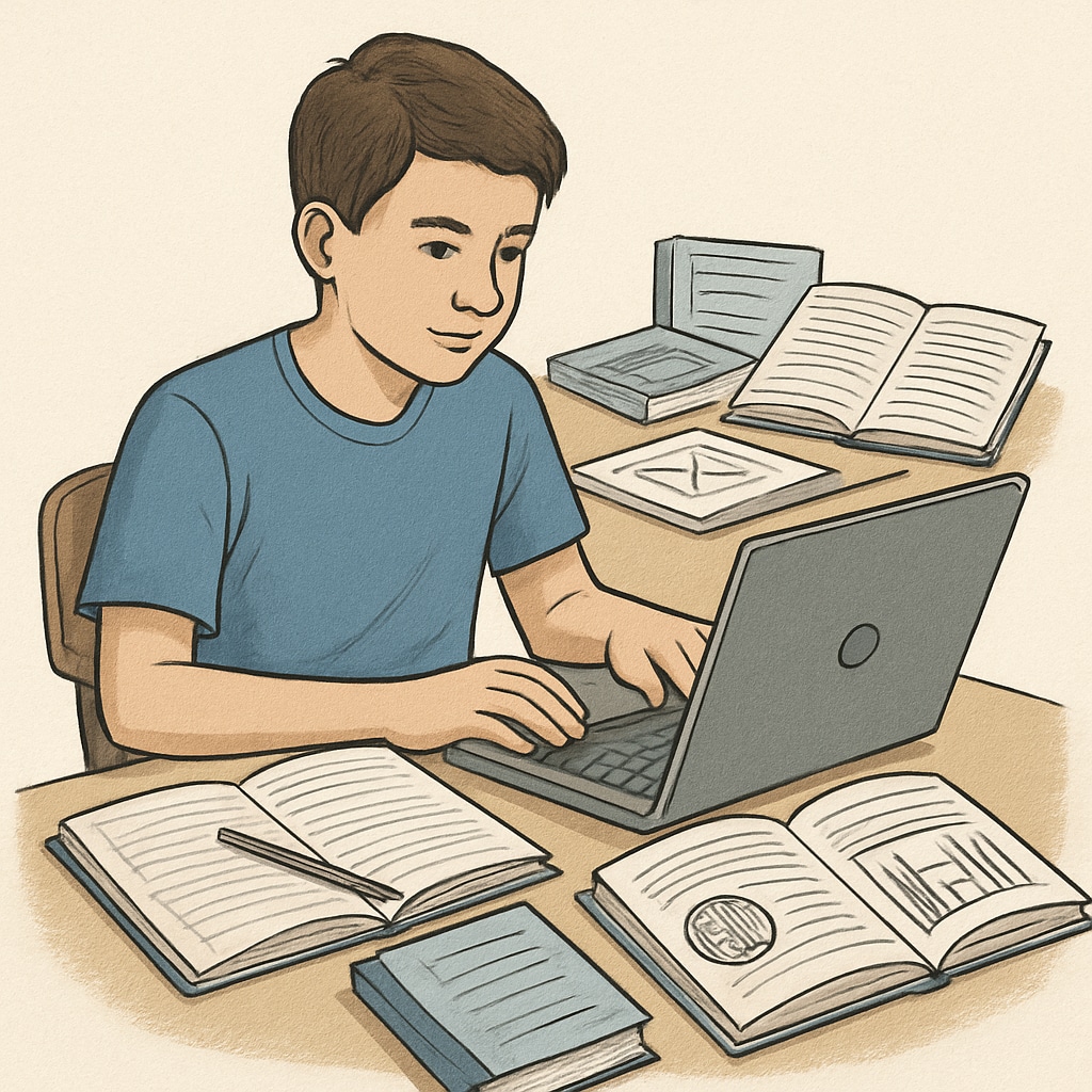 A student studying on a laptop, surrounded by notebooks, representing online learning resources. Online learning resources for high school students.