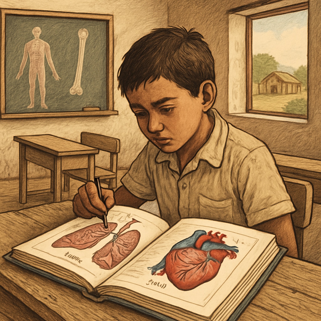 A young student studying medical diagrams with limited resources in a rural classroom. A student studying medical diagrams in a resource-limited classroom.