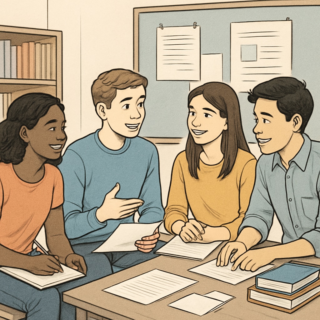 A group of high school students participating in a community workshop, discussing ideas and collaborating. High school students engaging in community-based learning programs.