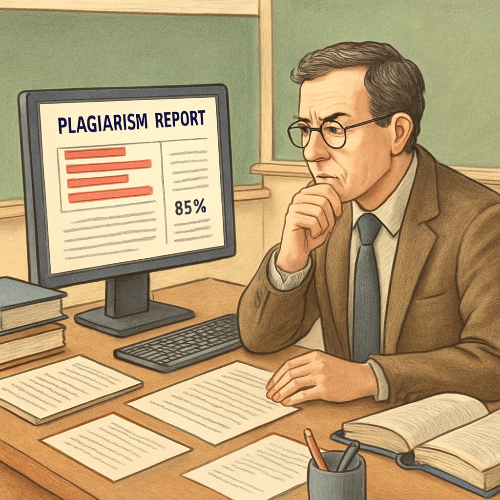 Professor examining plagiarism detection software for potential errors.