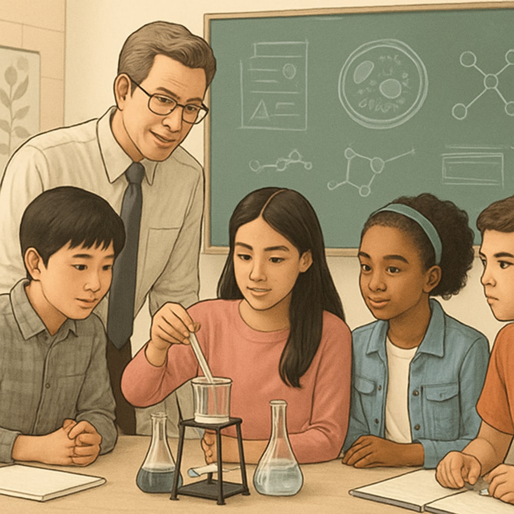 A high school science teacher guiding a group of diverse students, including English Language Learners, during a hands-on experiment. A teacher supports English Language Learners with a science experiment in class.