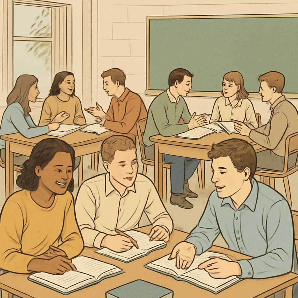 Students sitting in a classroom environment in small study groups, discussing topics and sharing notes. Students collaborating in a study group, discussing academic content.
