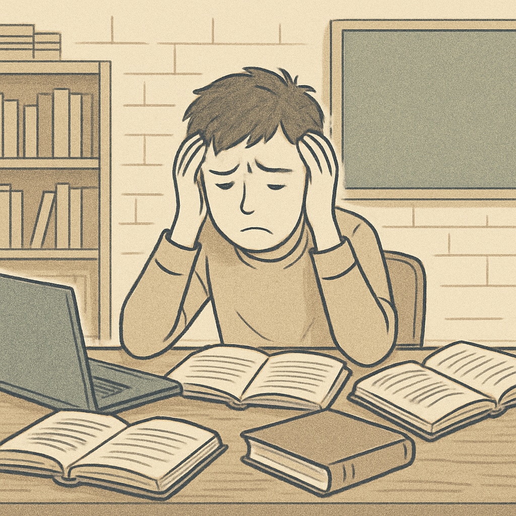 Student stressed over plagiarism accusation, surrounded by academic materials.