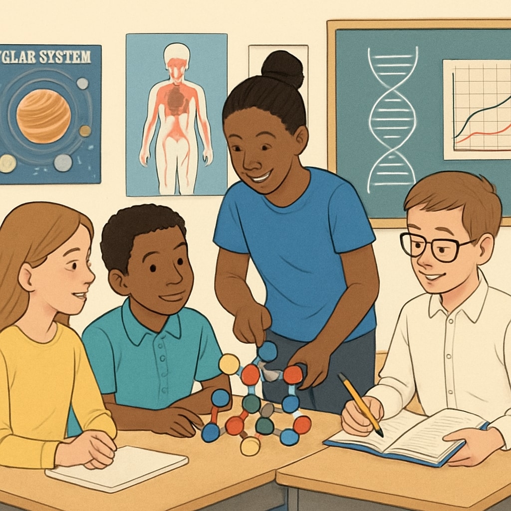 A classroom setting showing students working collaboratively on a science project, with visible use of visual aids like posters and diagrams. Students, including English Language Learners, collaborating on a science project using visual aids.