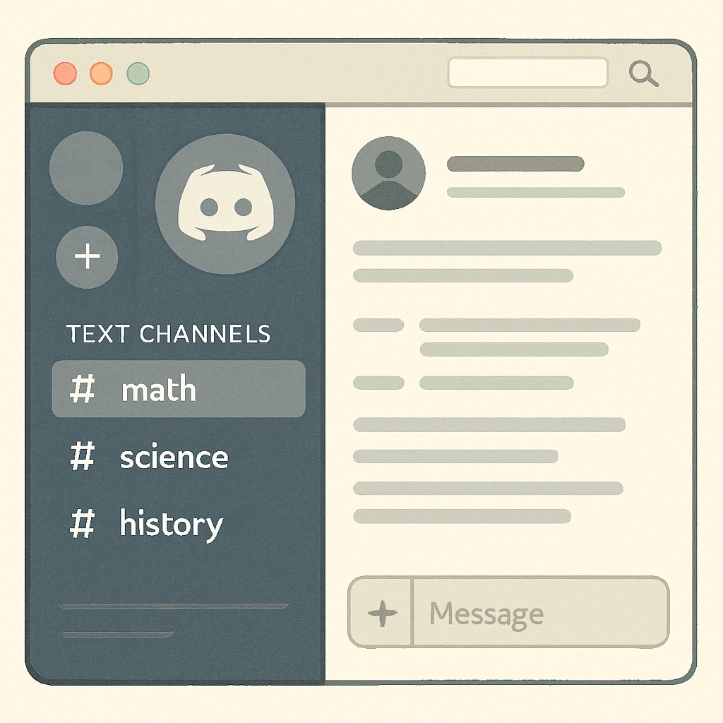 Screenshot of a Discord server with organized academic channels, such as math, science, and history. Discord server used for educational purposes with labeled subject channels.