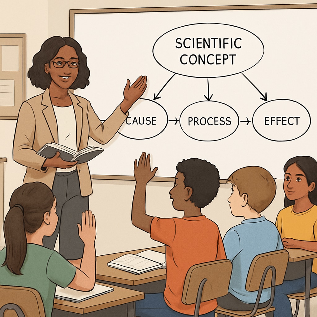 A teacher using a graphic organizer to explain a scientific concept to a diverse group of students. This illustrates differentiated instruction in science education. Science teacher explaining concepts with a graphic organizer to English learners.