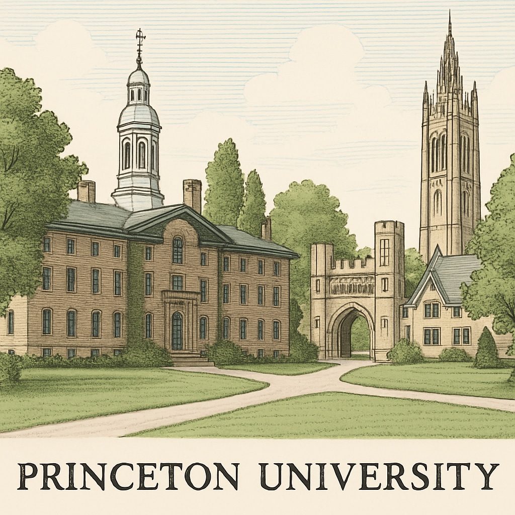 A campus view of Princeton University showcasing its iconic architecture and lush greenery, symbolizing prestige and tradition. Princeton University campus with iconic architecture and greenery symbolizing Ivy League reputation