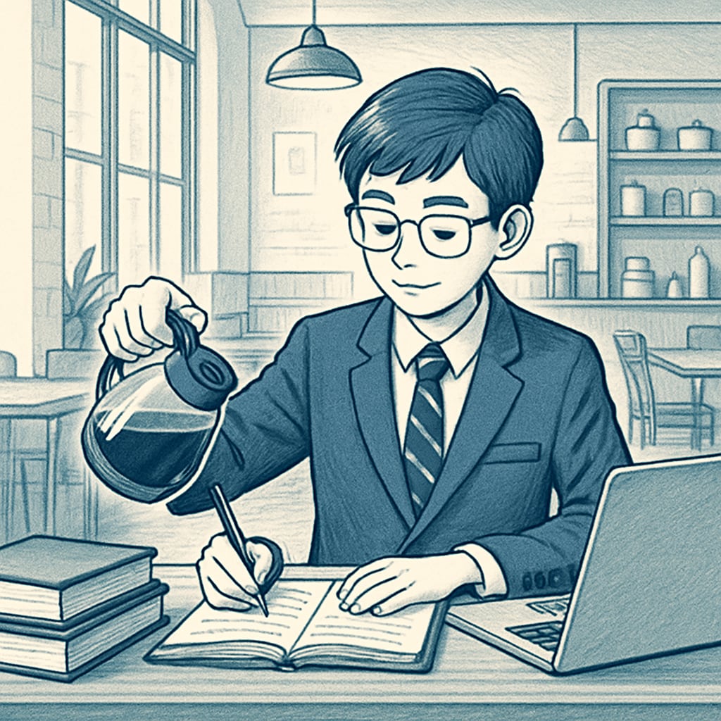 A busy high school student working part-time at a local café, learning to manage time between work and studies. High school student managing part-time work and academics.