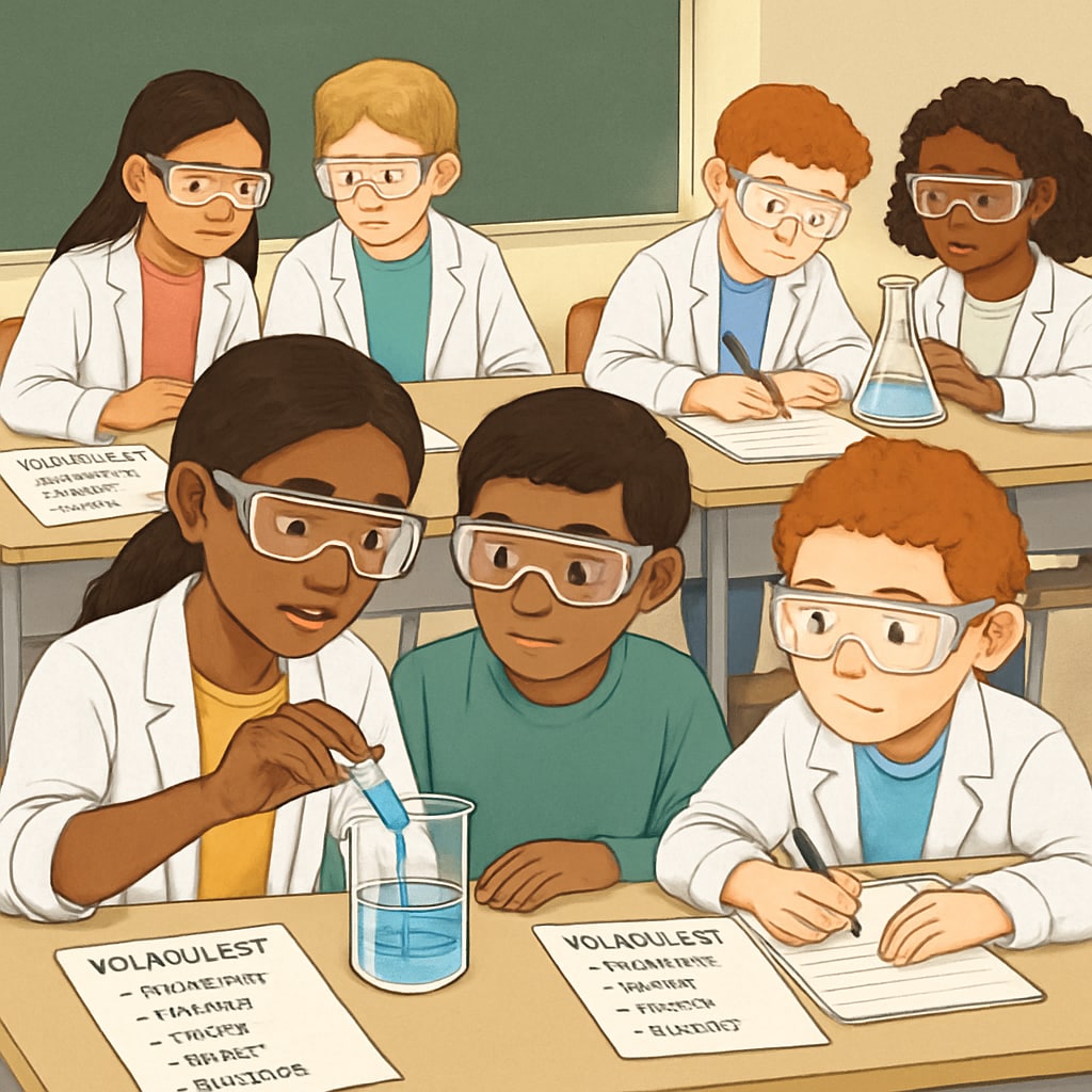 A diverse group of students working in pairs during a science experiment, with vocabulary lists visible on their desks. This highlights language-friendly teaching in science classrooms. Students collaborating in a science experiment with language-friendly tools.