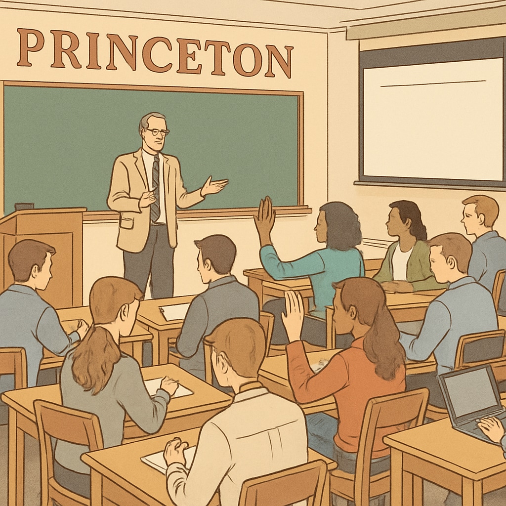 A classroom at Princeton University filled with engaged students participating in a lecture, highlighting its academic environment. Princeton University classroom with students participating in a lecture, showcasing educational engagement