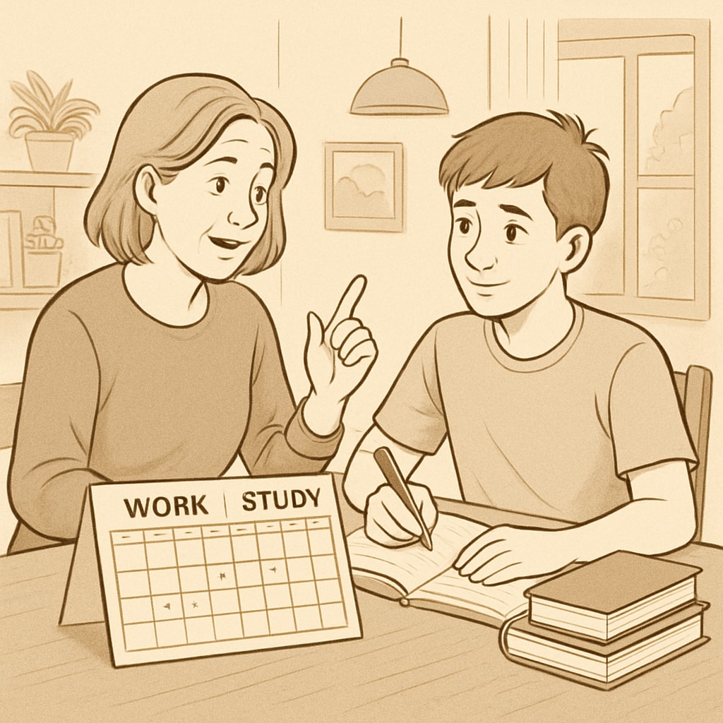 A parent discussing work and study schedules with their teenager, providing guidance on maintaining balance. Parent helping teenager balance work and study schedules.