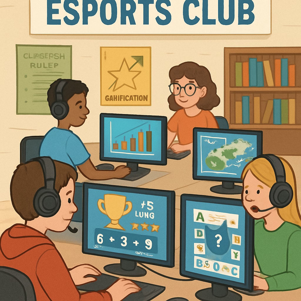 An esports club with students engaging in academic activities via gaming software, showcasing how gamification enhances classroom learning. Students in an esports club using gamified learning tools provided by GameClass and NASEF.
