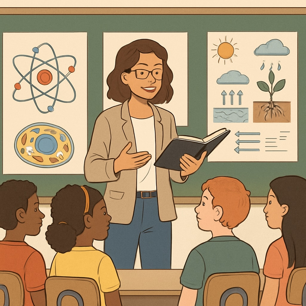 A teacher explaining scientific concepts to a group of diverse students using visual aids, emphasizing inclusivity and engagement. A teacher using visual aids to teach science concepts to English Language Learners in a classroom.