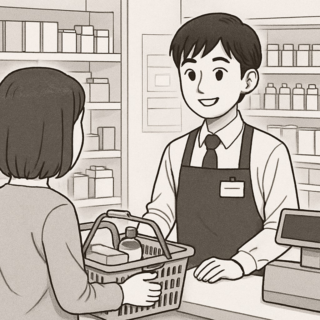 A high school student working at a part-time job in a retail store setting, interacting with a customer. A high school student working at a part-time job while balancing academic responsibilities.