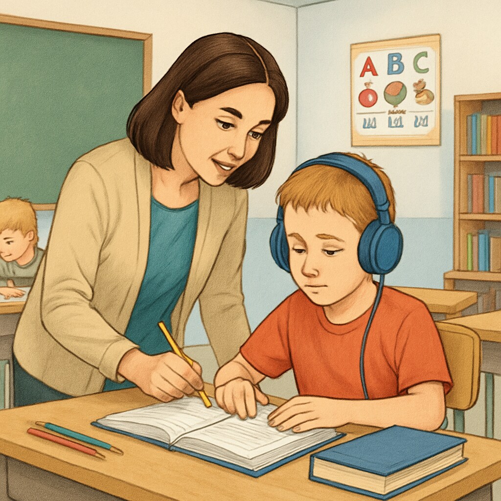 A classroom setting with a teacher assisting a student with learning disabilities, emphasizing inclusivity in education. Classroom teacher assisting a student with learning disabilities in an inclusive environment.