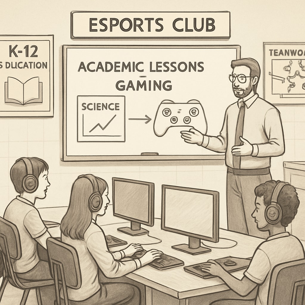 A teacher guiding students in an esports club, illustrating the integration of academic lessons with gaming for K12 education. Teacher facilitating a gamified educational session in an esports club as part of the GameClass and NASEF initiative.