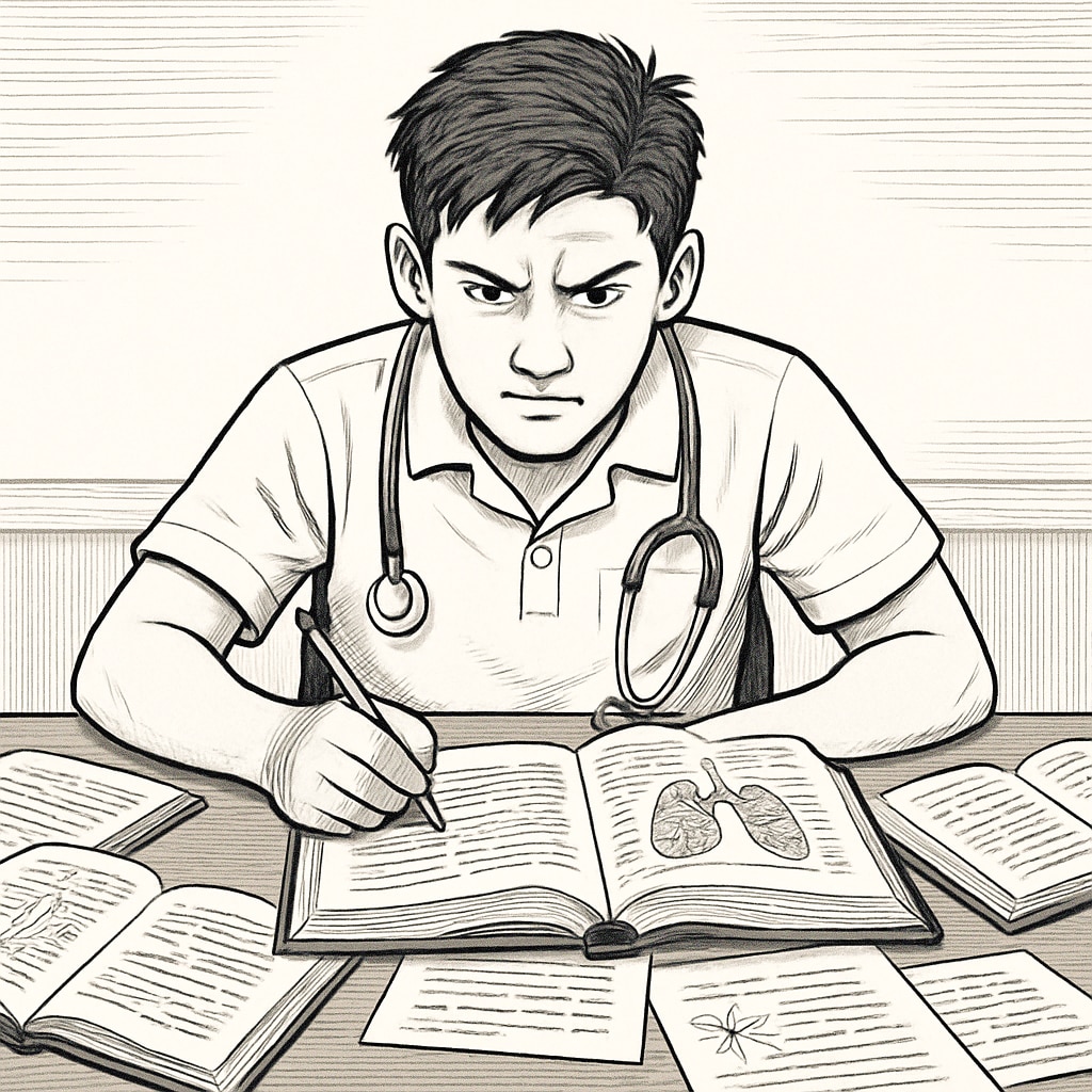 A motivated student studying medical textbooks, demonstrating perseverance despite challenges related to learning disabilities. Student with learning disabilities studying medical textbooks, showing determination.