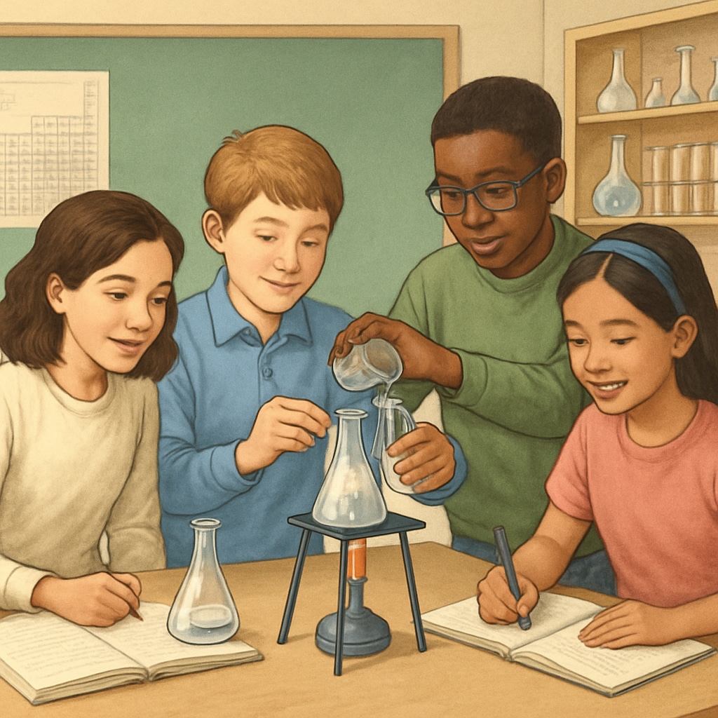 Students conducting a collaborative science experiment in a classroom setting, demonstrating teamwork and hands-on learning. Students working together on a science experiment in an inclusive classroom environment.