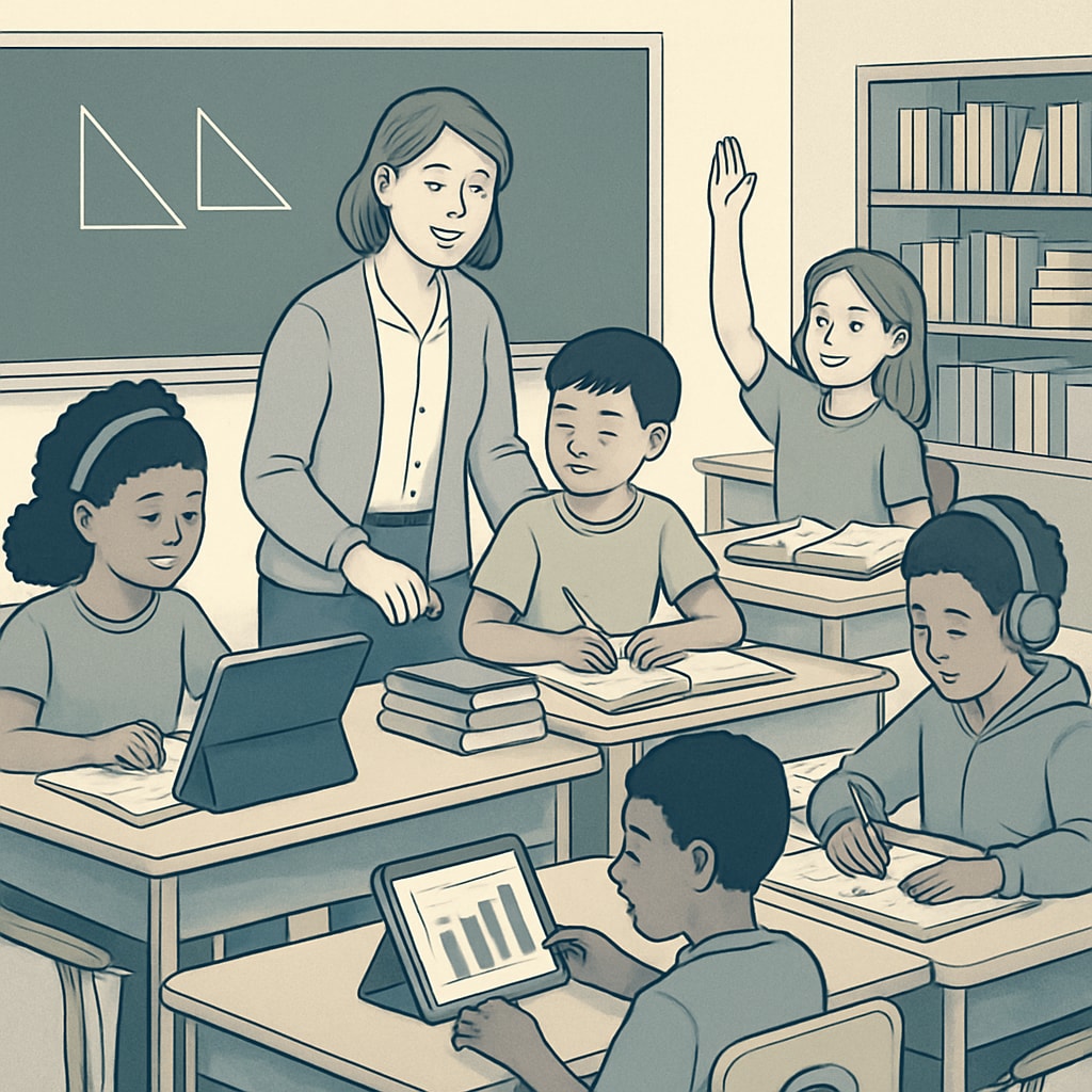 A classroom setting featuring diverse students engaged in personalized learning activities designed for varied educational needs. Students engaging in personalized learning activities in a classroom setting to accommodate different educational requirements.