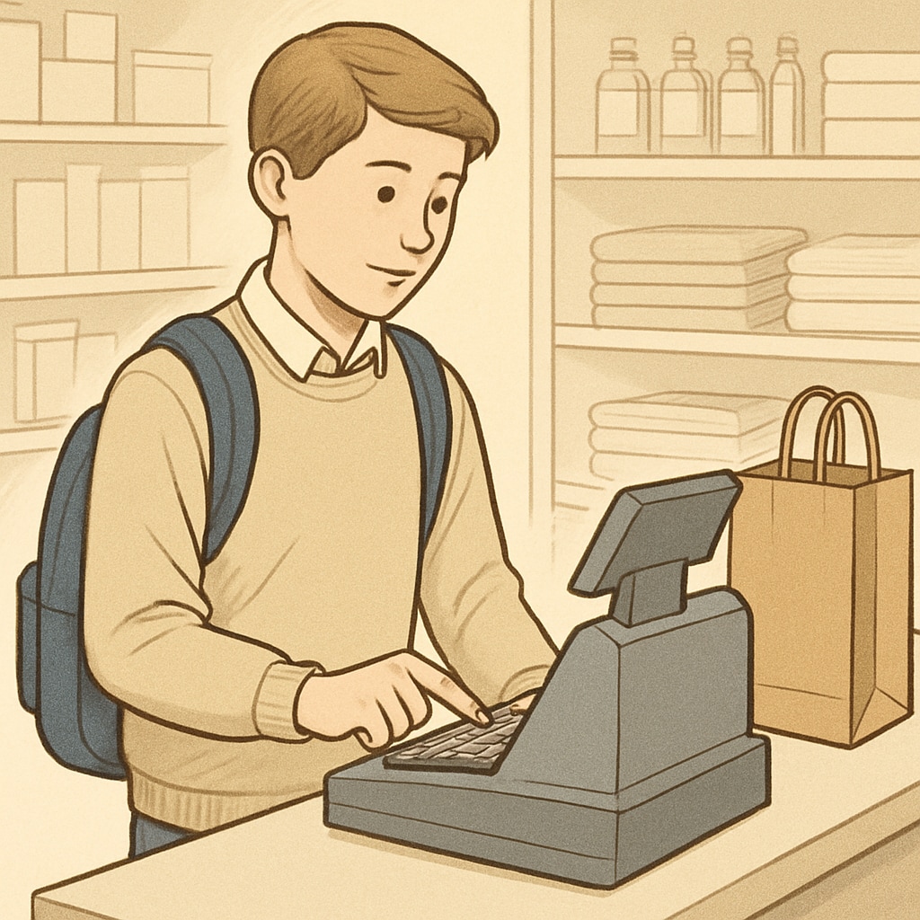 A high school student working at a cash register, symbolizing part-time job responsibilities. The image reflects the theme of balancing work and school life effectively. High school student working at a cash register, representing part-time work.