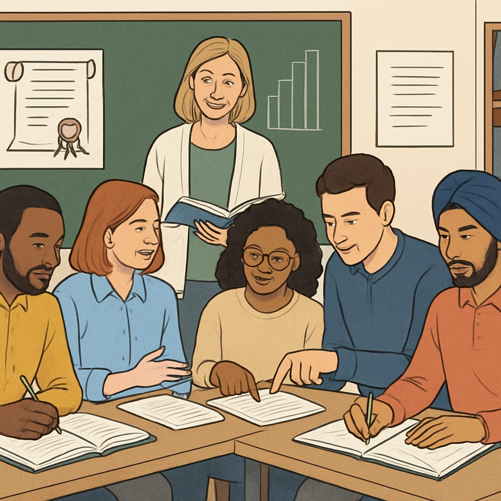 A diverse group of adult students attending a class, actively working toward diploma completion. Adult students in a classroom setting, working toward education goals, including transitioning from corrective diplomas.
