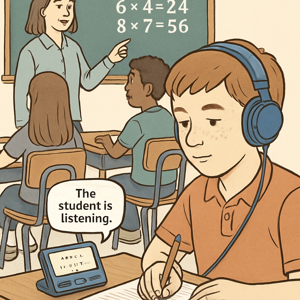 A student using assistive technology, such as a speech-to-text device, during a classroom lesson as part of an individualized learning approach. A student utilizing assistive technology for personalized learning in a classroom environment.