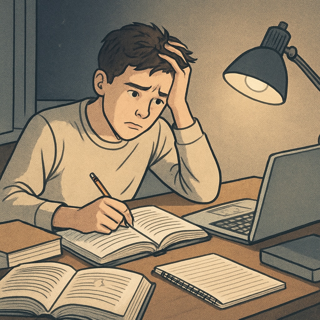 A stressed high school student studying late at night with books and a laptop, showing the potential challenges of balancing work and academics. Stressed high school student studying late at night with books and a laptop.
