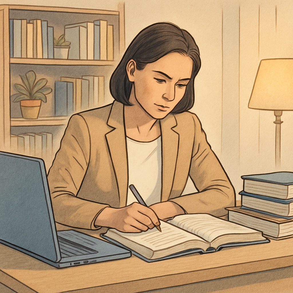 A professional in their late 30s studying at home with textbooks and a laptop, symbolizing the balance between career and education. Balancing career and education with textbooks and laptop