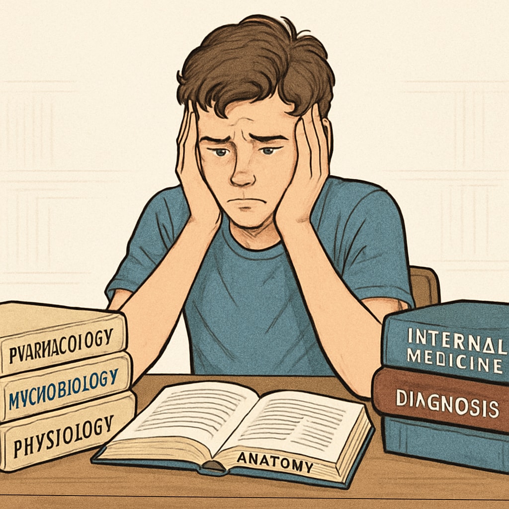 A young student sitting at a desk surrounded by medical textbooks, looking frustrated and overwhelmed. Student with medical textbooks facing challenges due to learning disabilities.