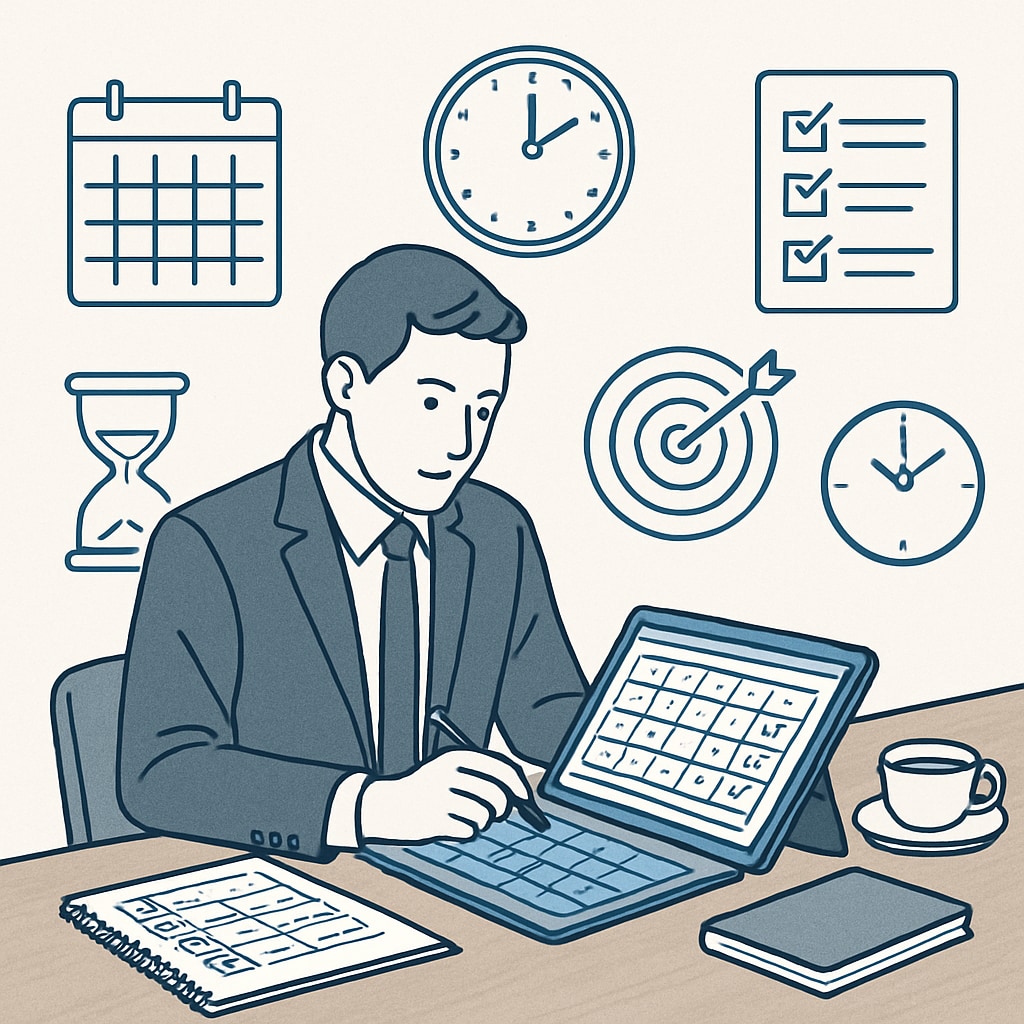 A busy professional organizing their weekly schedule on a digital planner, emphasizing effective time management techniques. Time management for professionals pursuing education