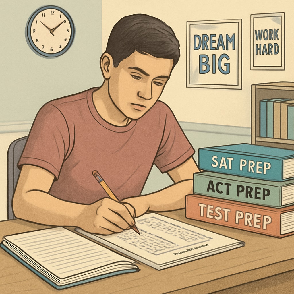 A high school student working on standardized test preparation materials, reflecting the pressure of elite college admissions. High school student studying for tests under Ivy League application pressure.