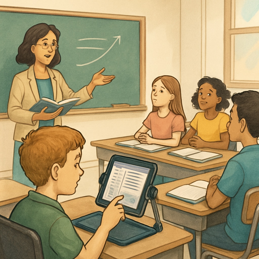 A classroom setting where a teacher is explaining a concept to a group of students, including one using assistive technology. Inclusive classroom with a student using assistive technology.