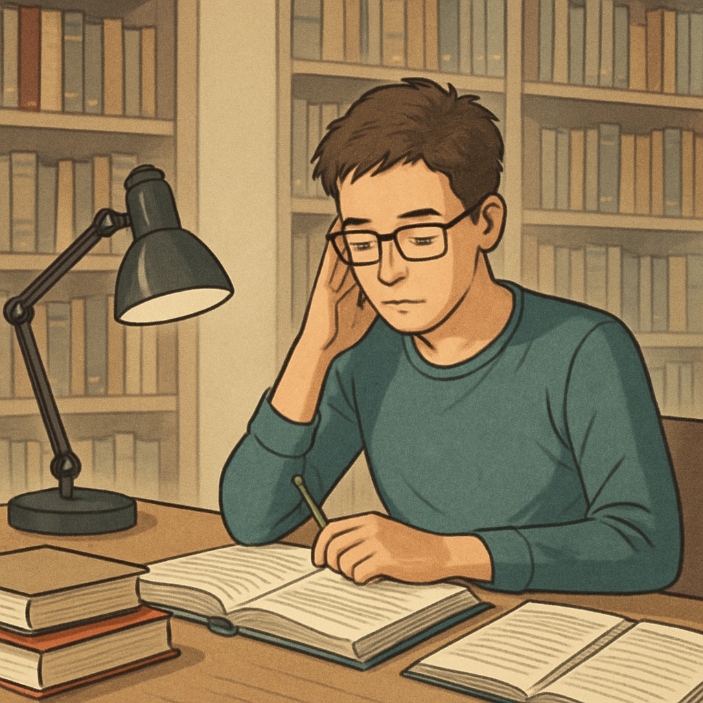 A student studying in a library, representing a return to education in the UK.