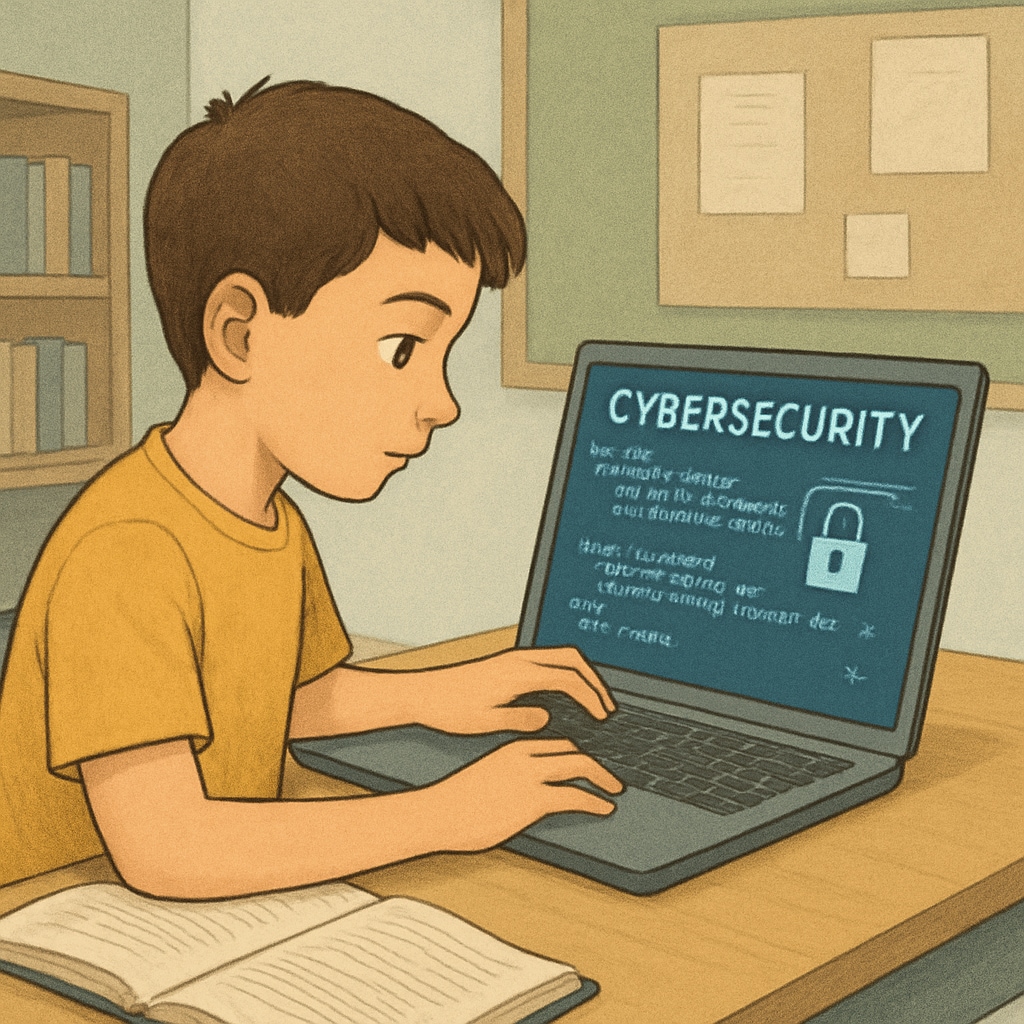 A young student working on a laptop with cybersecurity-related code displayed on the screen. Student exploring cybersecurity concepts on a laptop.