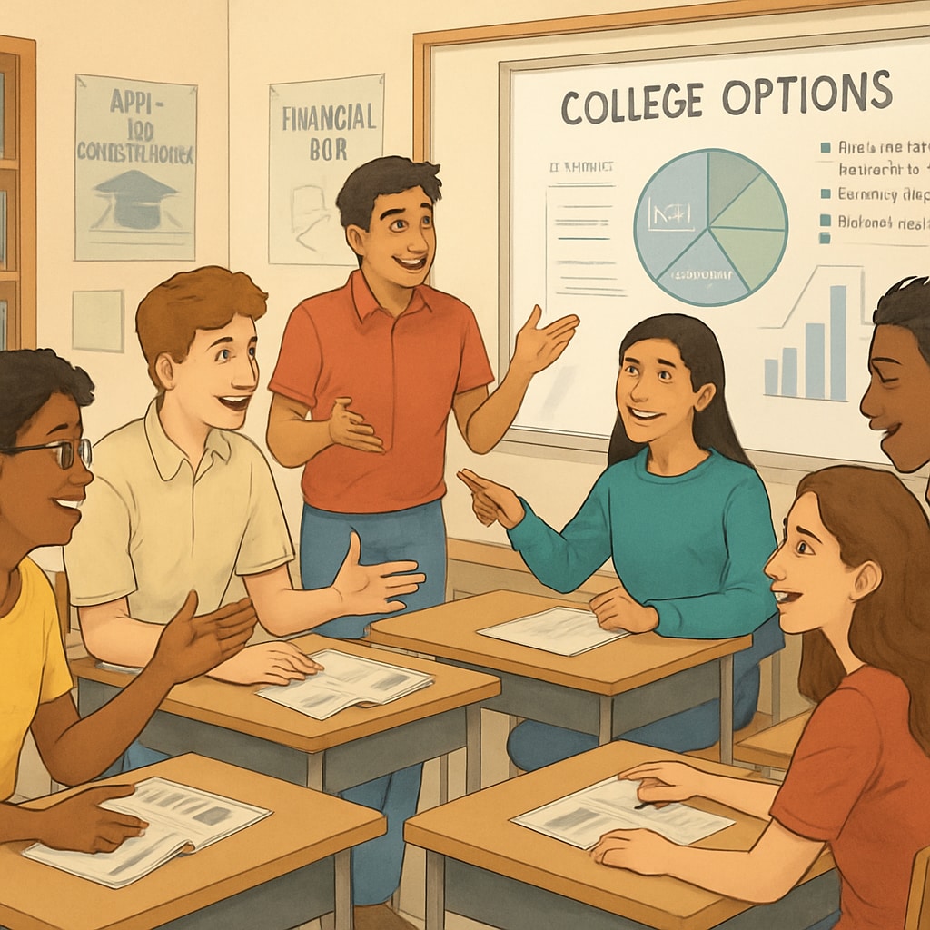 Students discussing alternatives to Ivy League universities in a classroom setting.
