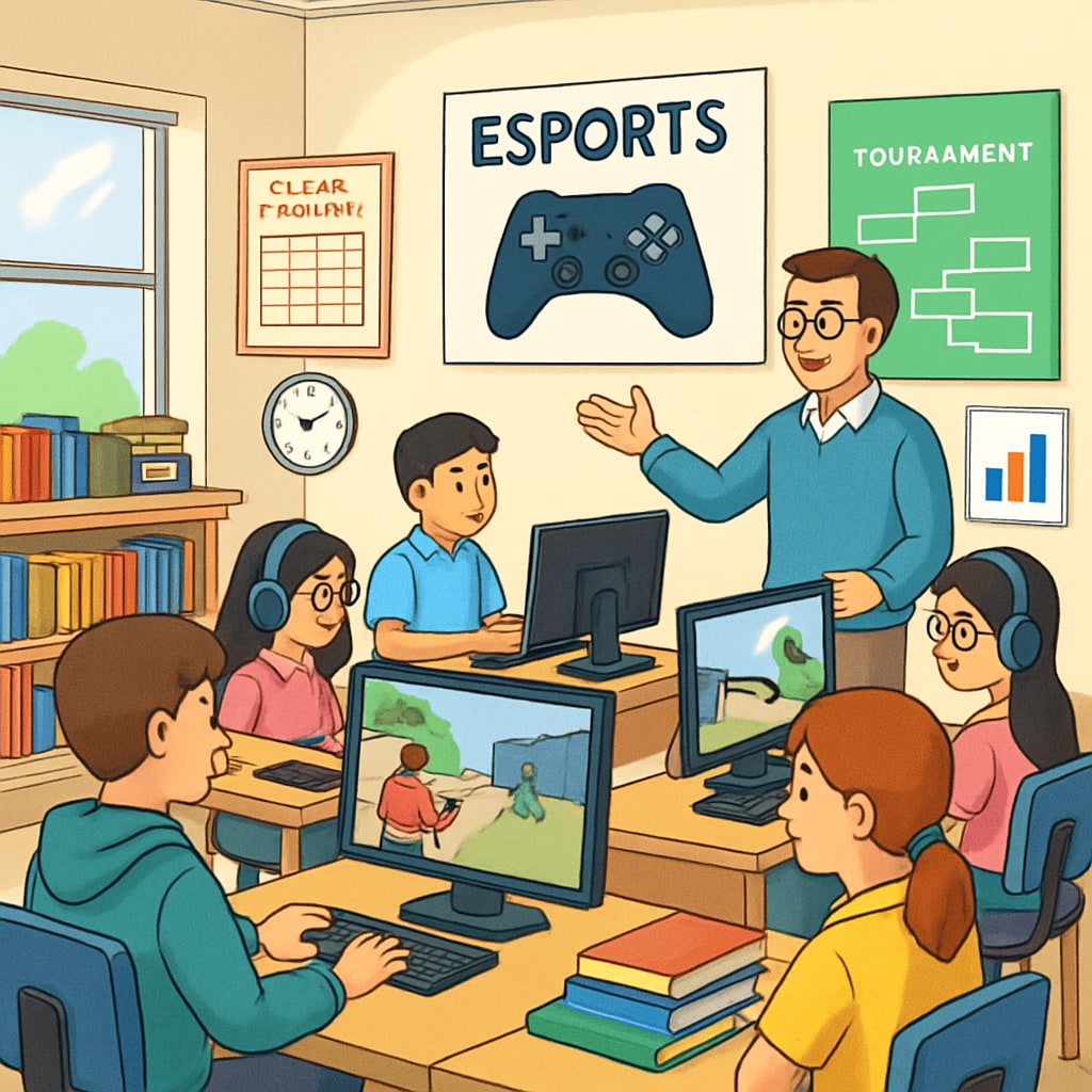 A classroom setting where students are engaged in esports-based learning activities, featuring computers and educational materials. Students engaged in esports-based classroom activities.
