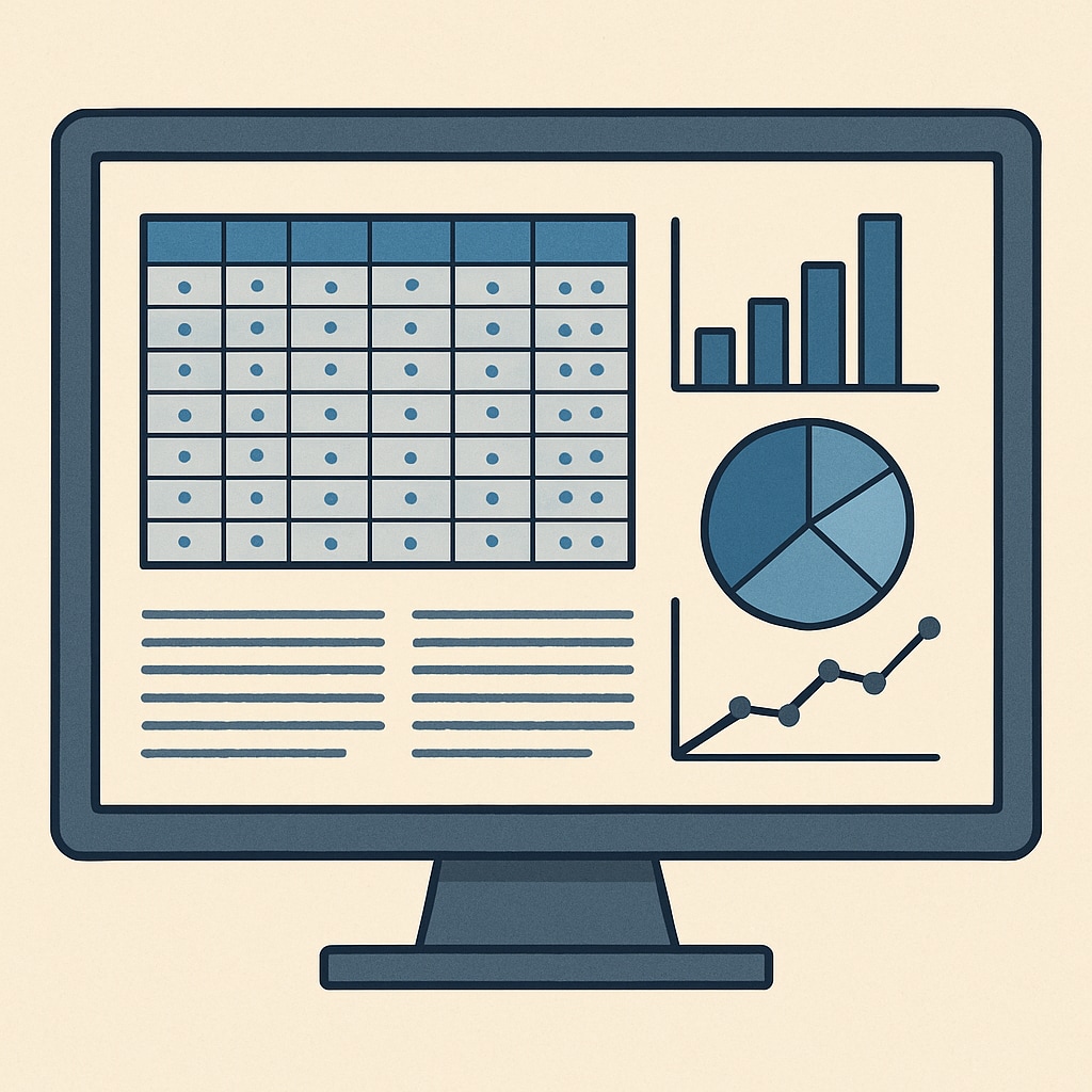 A computer screen showing a large dataset being analyzed using data visualization tools. Data science analysis displayed on a computer screen.