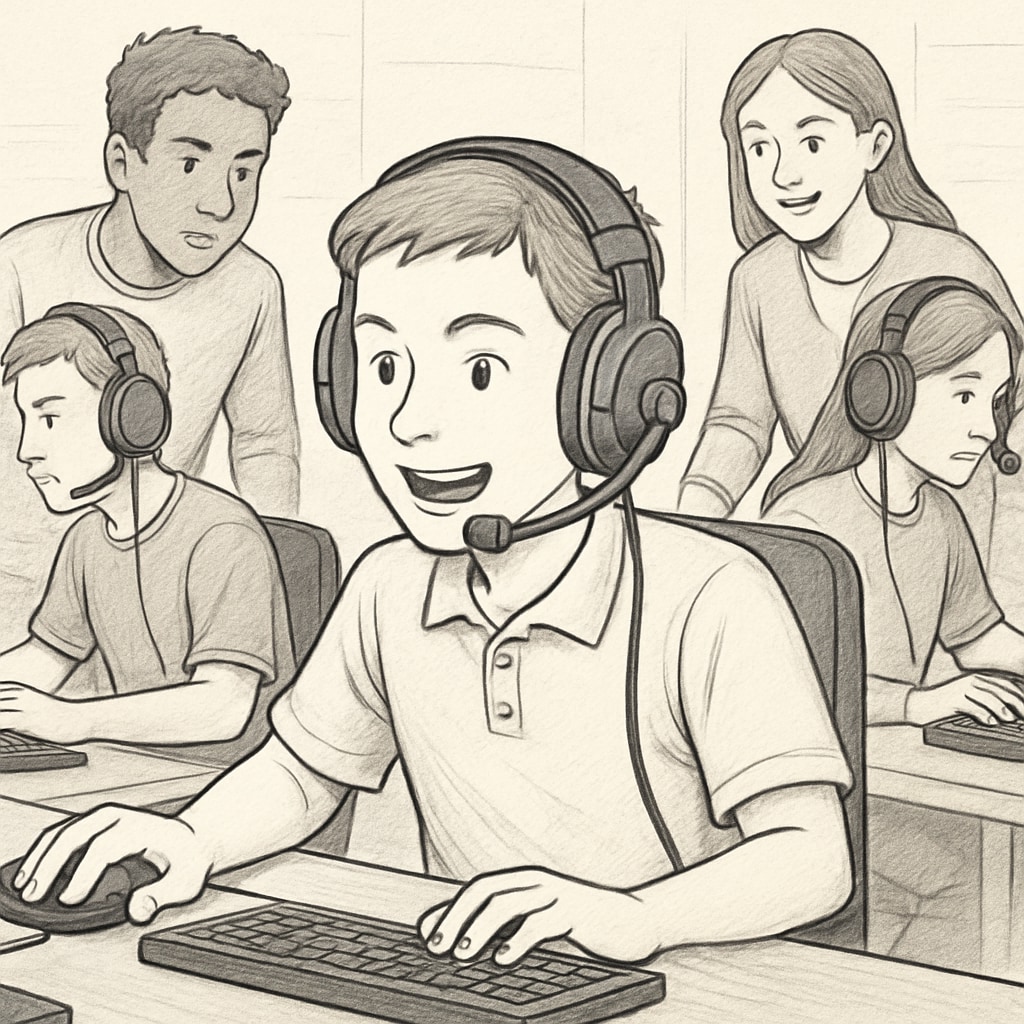 A student participating in an esports competition, wearing a headset, surrounded by teammates, showcasing collaboration and teamwork. A student in an esports competition demonstrating teamwork and engagement.